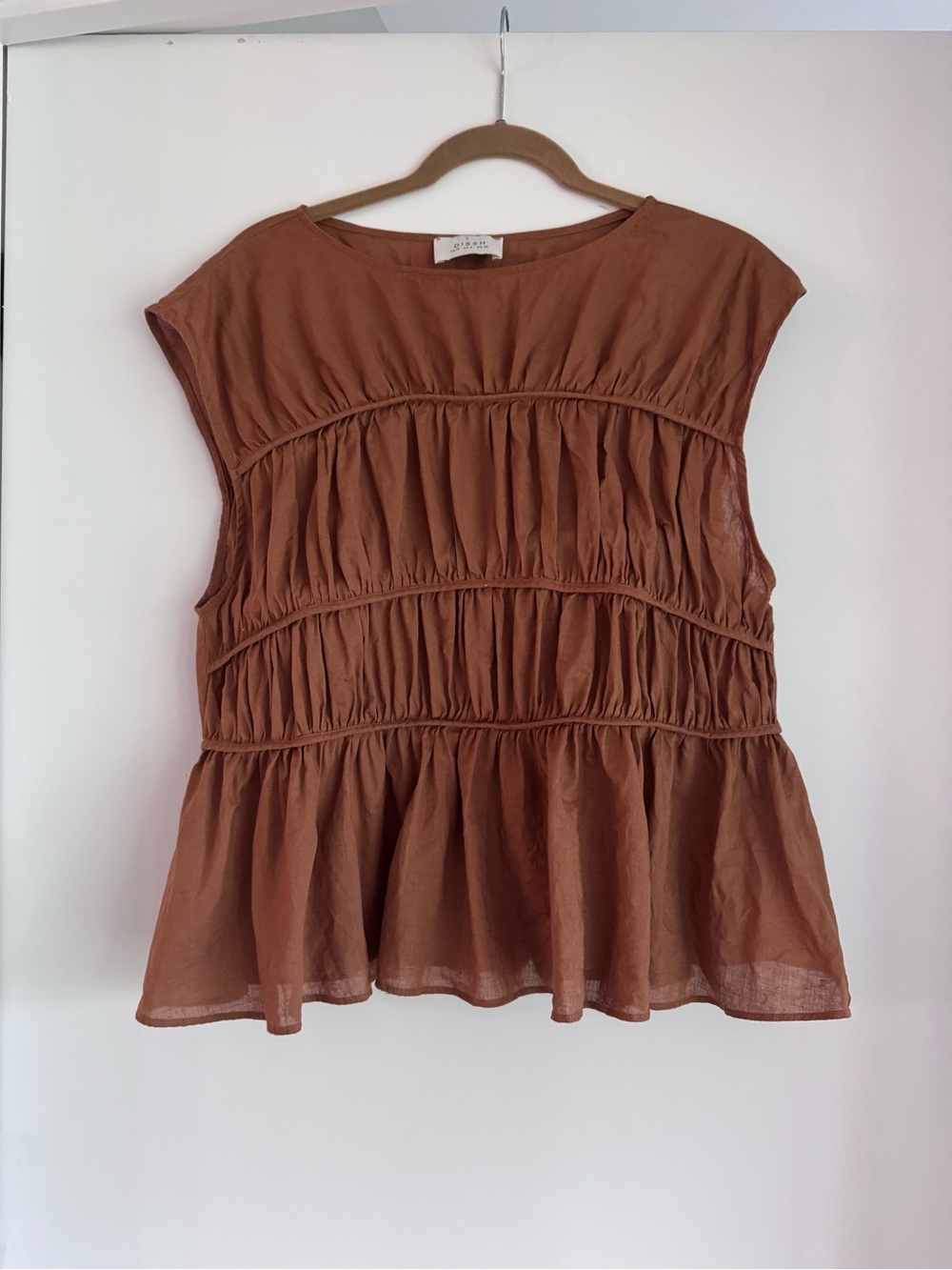 DISSH Rust Brown / Burnt Umber Ruched Peplum Blouse